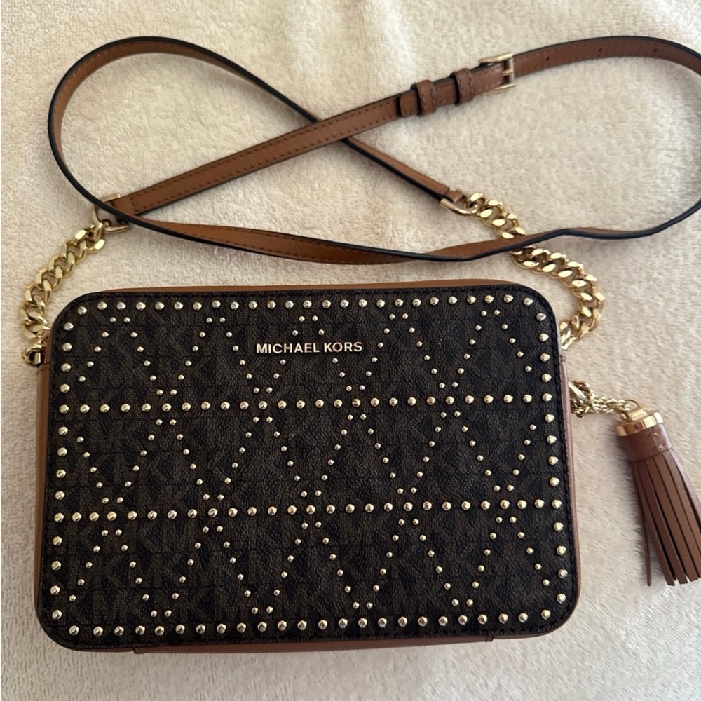 Michael Kors Brown and Gold Studded Crossbody Bag